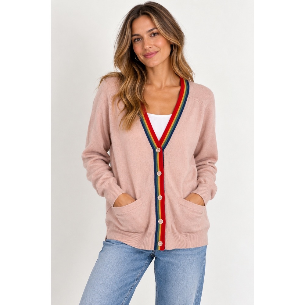 27 Miles Cardigan 100% Cashmere Cardigan Sweater Pink Rainbow Trim Womens Medium